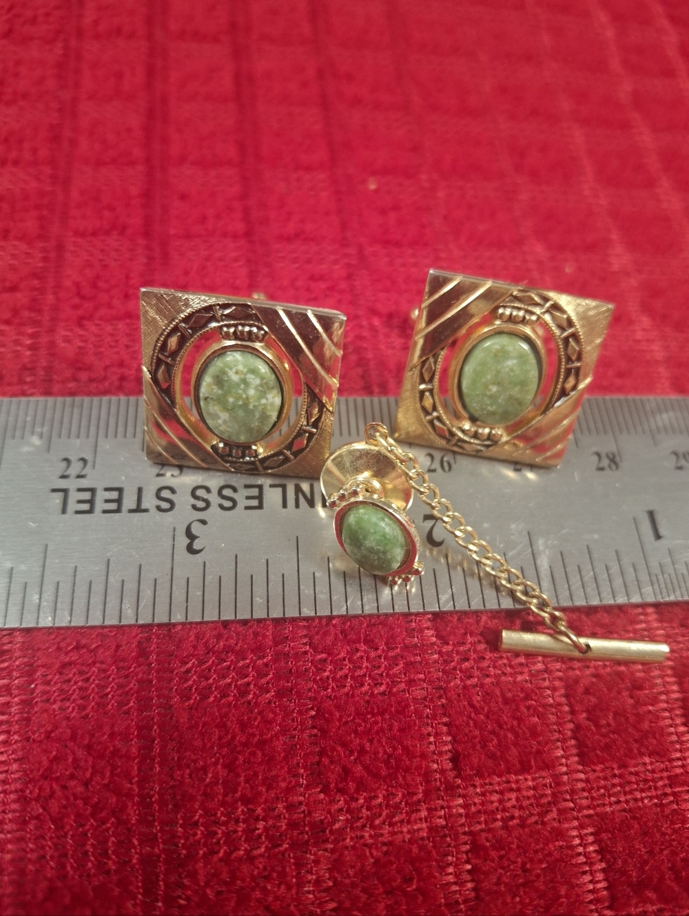 Jade Green Stone Cufflink and Tie Tack Set